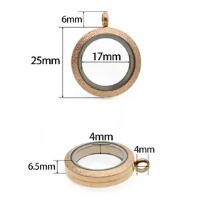 Detailed dimension annotations for 25mm rose gold stainless steel floating glass locket