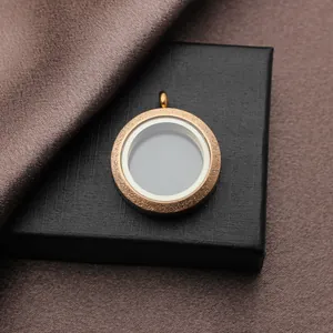Close-up detail of 25mm stainless steel floating glass locket with rose gold rim