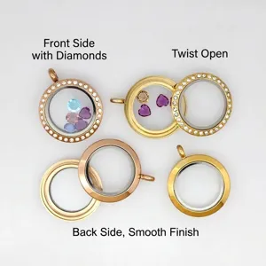 Detailed view of 25mm stainless steel glass locket pendant showing twist-open mechanism