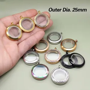 Close-up of various 25mm stainless steel floating glass locket pendants