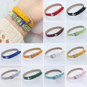 Colorful 8mm PU leather bracelets with rhinestone letters for DIY accessory making.