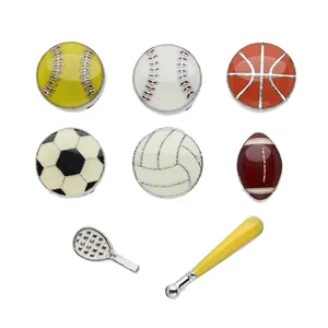 Detail view of assorted sports-themed enamel slide charms on a clean white background.