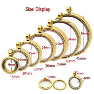 Detailed size comparison of stainless steel round glass locket pendants in gold