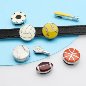 Detailed close-up of colorful sports-themed enamel slide charms for 8mm DIY bracelets
