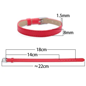 Red 8mm PU leather wristband dimension diagram with thickness and adjustable length detail