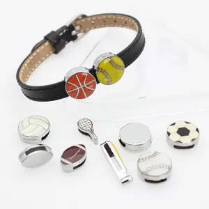 Detailed view of various sports-themed alloy slide charms for 8mm DIY leather bracelets.