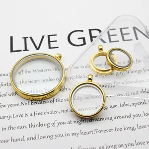 Macro detail of multiple sizes of double-sided glass round locket pendants in gold finish