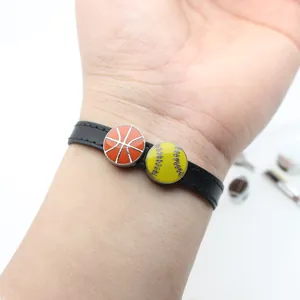 Sport-themed 8mm leather wristband with basketball and softball enamel charms.