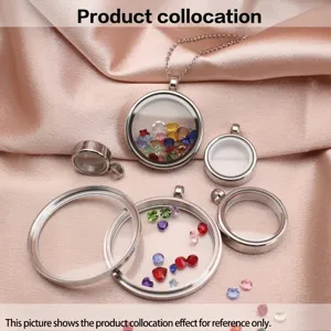 Set of round stainless steel double-sided glass memory locket pendants in multiple sizes