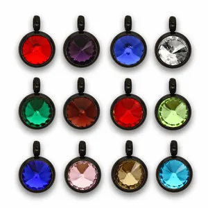 Detail showing 12 different colors of 10mm stainless steel birthstone pendants.