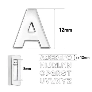 Chrome 8mm slide letters for DIY bracelets showing 12mm height and slot dimensions
