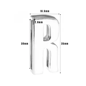 Close-up detail showing the precise dimensions of a silver alloy letter R charm with millimeter markings