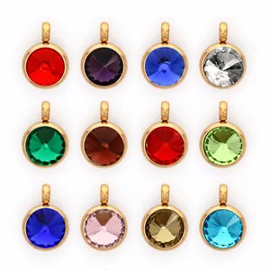 Set of 12 colorful 10mm birthstone pendants in gold-plated stainless steel for DIY jewelry