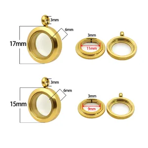 Misure tecniche dettagliate dei ciondoli medaglione in vetro e acciaio da 15mm e 17mm.