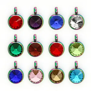 Detailed view of 12-month birthstone pendants with iridescent stainless steel bases