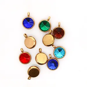Detail view of 10mm stainless steel birthstone pendants in various vibrant colors