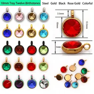 Stainless Steel Birthstone Rhinestone Small Pendant Charms Base Tray Round Geometric Minimalist Handmade Craft DIY Jewelry Making Findings Accessories