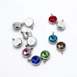 Assorted 10mm stainless steel birthstone charms with faceted colorful crystals for DIY