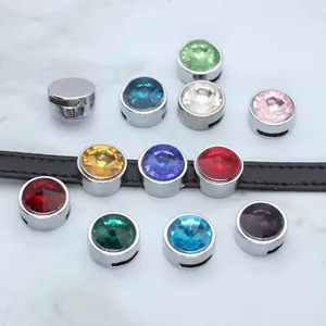 Detail view of 8mm colorful crystal birthstone slide charms for DIY jewelry bracelet making