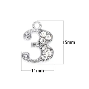 Detailed view of silver rhinestone number 3 pendant charm measuring 15mm by 11mm