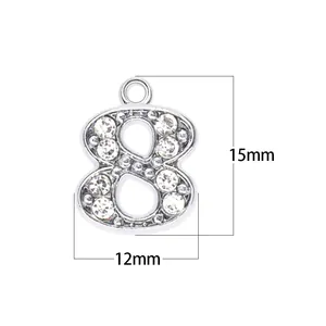 Close-up of 15mm silver rhinestone number 8 pendant showing dimensions