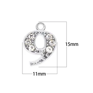 Detailed close-up view of rhinestone number 9 pendant with 15mm height and 11mm width