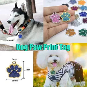 Médaillon d'identification en métal pailleté en forme de patte pour chiens