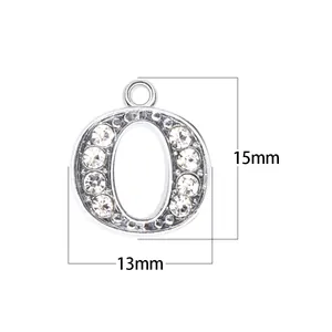 Detailed size view of silver letter O pendant featuring sparkling rhinestones 15mm high