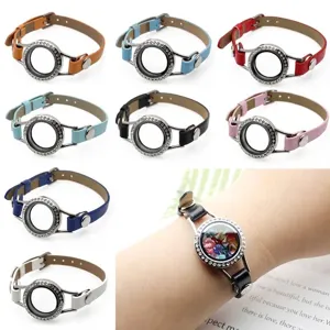Detail of 25mm stainless steel crystal locket bracelet with multi-color leather straps