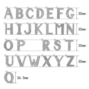 Detailed dimension view of 35mm silver alloy rhinestone alphabet letter charms A to Z