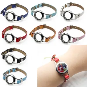 Stainless Steel Floating Locket Bracelet With PU Leather Strap Round Glass Photo Box Frame Locket Jewelry For Women Men Gift