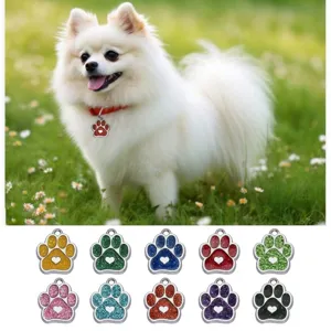 Médailles d'identification pour animaux en forme de patte à paillettes en plusieurs couleurs