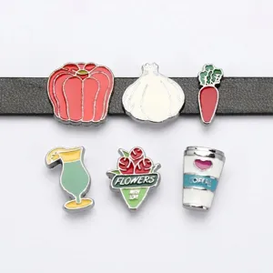 Detail view of 8mm vegetable and drink themed alloy slide charms for DIY bracelets.