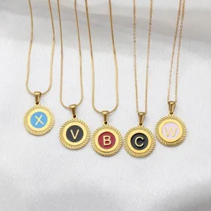 Stainless Steel Round Alphabet Pendant Enamel English Letter Charms Lace Border Coin Pendant Necklace For Bracelet Earrings Jewelry Making Accessories