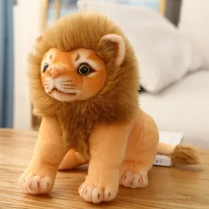 Detailed side view of a cute plush lion toy on a wooden table with soft indoor lighting