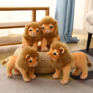 Detailed view of four adorable lion plush dolls in various realistic poses indoors