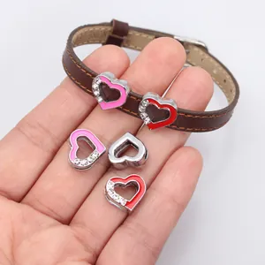 Heart-shaped alloy slide charms with rhinestones for 8mm DIY wristbands