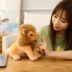 Adorable lion plush stuffed animal with fluffy mane shown in a cozy home lifestyle setting