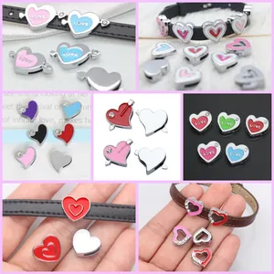 8mm Heart Shaped Alloy Slide Charms Enamel Rhinestone Inlaid Slide Beads DIY Jewelry Accessories For Wristband Bracelet Personalized Decoration