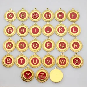 Set of 26 red enamel gold stainless steel alphabet pendants for DIY jewelry making