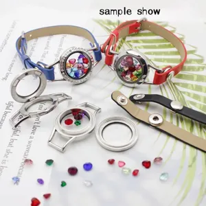 Close-up of 25mm stainless steel locket bracelet components with colorful heart crystals