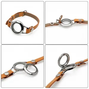 Detailed views of a 25mm stainless steel locket bracelet with a yellow PU leather strap