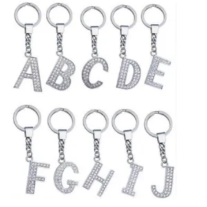 Set of ten silver 35mm rhinestone encrusted alphabet charms for personalized DIY keychains