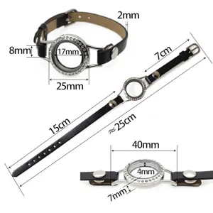 Detailed dimensions of a 25mm stainless steel locket bracelet with a black leather strap