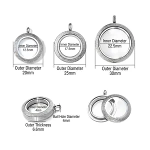 Dimensions and specifications for stainless steel round glass locket pendants in three sizes.