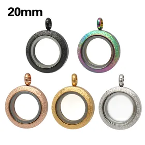 Detailed view of 20mm frosted stainless steel glass locket pendants in five colors.
