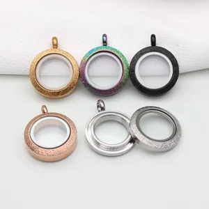 Variety of round frosted stainless steel locket pendants with transparent glass windows