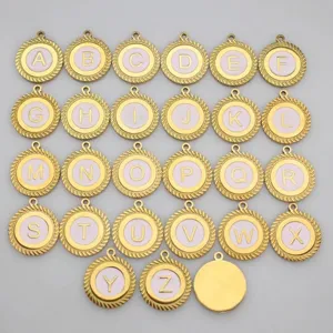 Full set of 26 A-Z initial pendants with gold scalloped edge and pink enamel.