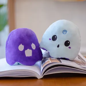 Detailed shot of reversible ghost plush toy with cute and angry facial expressions.