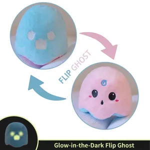 Reversible glow-in-the-dark ghost plushie showing both cute and angry facial expressions